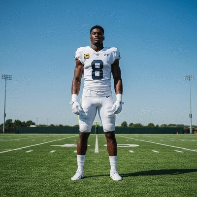 Najee Harris standing confidently on a football field, symbolizing resilience and inspiration, no text, no words, no typography, 8K, clean image