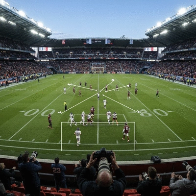 Tactical football play diagram overlayed on a stadium background.