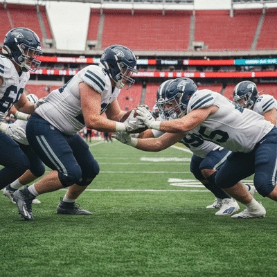 Football offensive line blocking for a running back