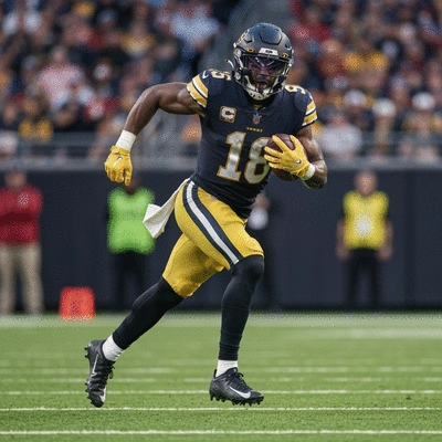 Najee Harris running with the football on a bright stadium field