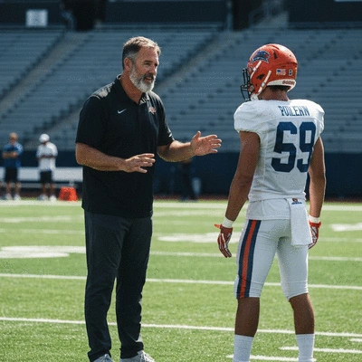 Coach giving advice to a football player on the field