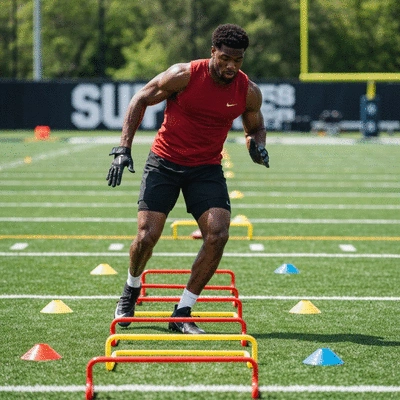 Najee Harris training on a football field, focusing on agility drills