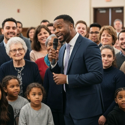 Najee Harris speaking at a community event, surrounded by diverse people, looking engaged and hopeful