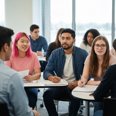 A diverse group of young people participating in a financial literacy workshop, looking engaged and attentive