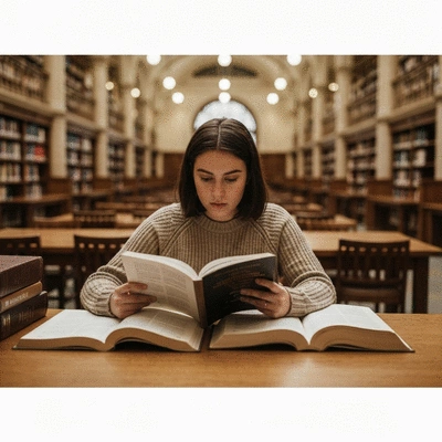 Young college student studying criminal justice textbooks in a library, focused and determined, no text, no words, no typography, 8K