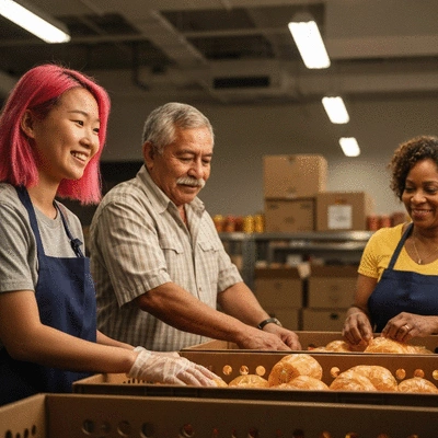 Community volunteers working together at a food bank, symbolizing the impact of the Da Bigger Picture Foundation, no text, no words, no typography, 8K, clean image