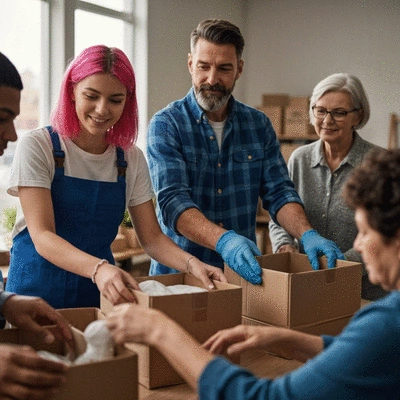 Community members volunteering at a local shelter, sorting donations and interacting with people, showing unity and support